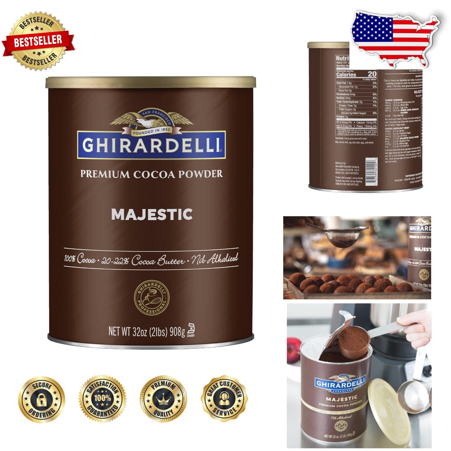 Majestic Cocoa Powder 32oz – 20/22% Cocoa Butter, Unsweetened Baking Chocolate