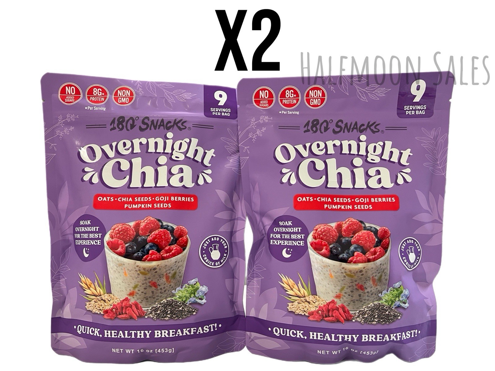 180 Snacks Overnight Chia Oats Pumpkin Seeds, Goji Berry 2 Bags