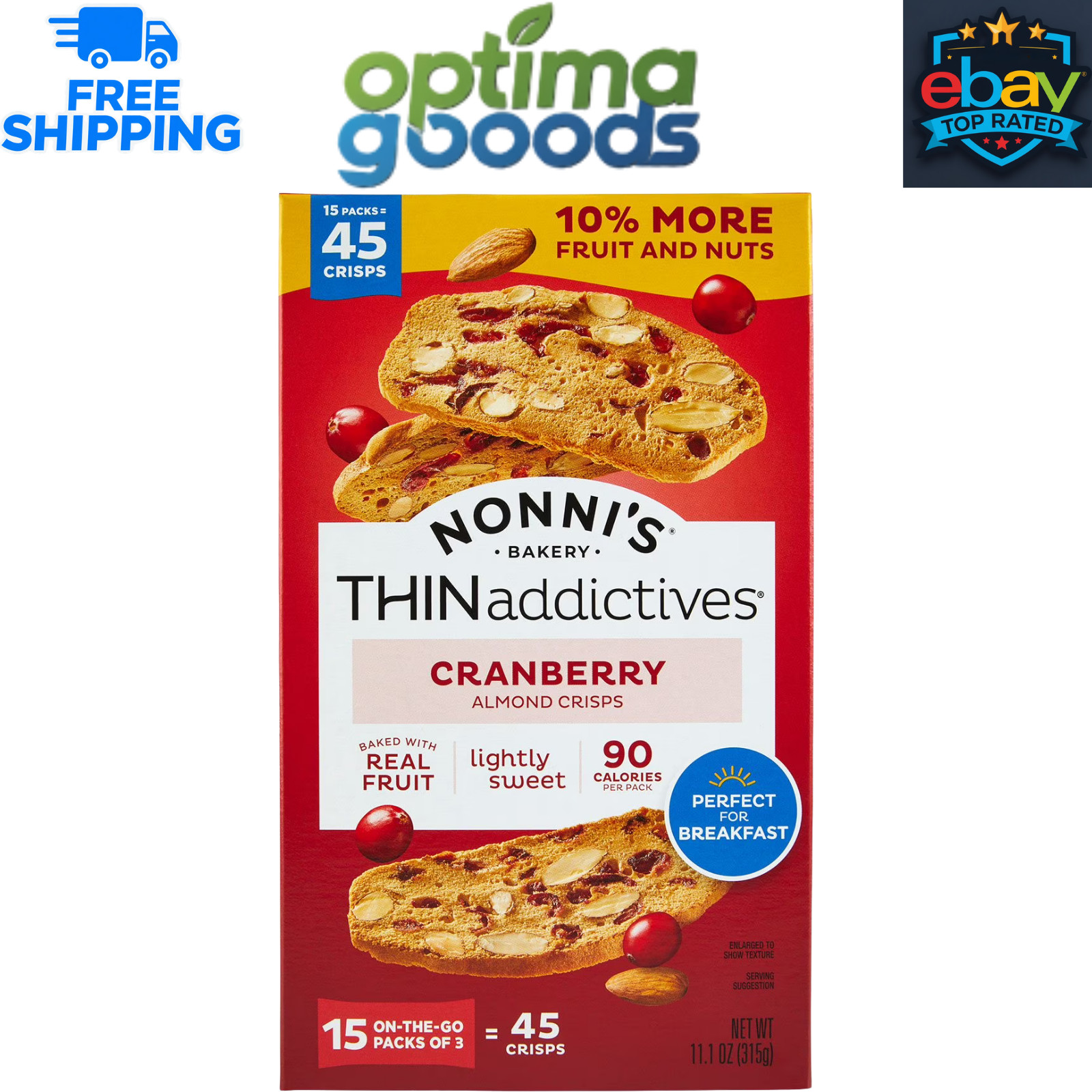 Nonni’s THINaddictives Cranberry Almond Crisps, 15 pk. Crispy Snack Cookies