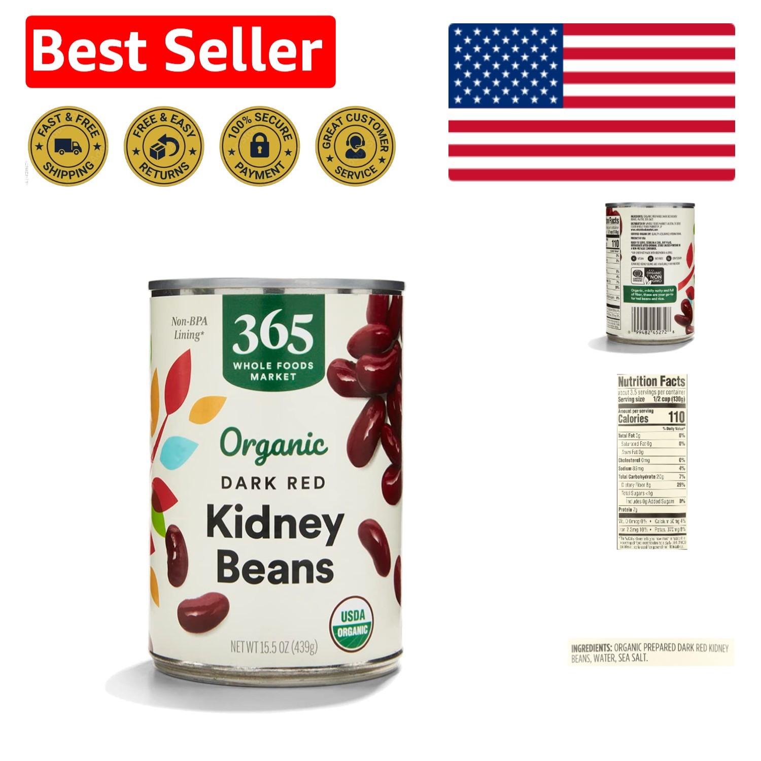Ready-to-Serve Organic Dark Red Kidney Beans, 15.5 Ounce – Fat-Free Protein