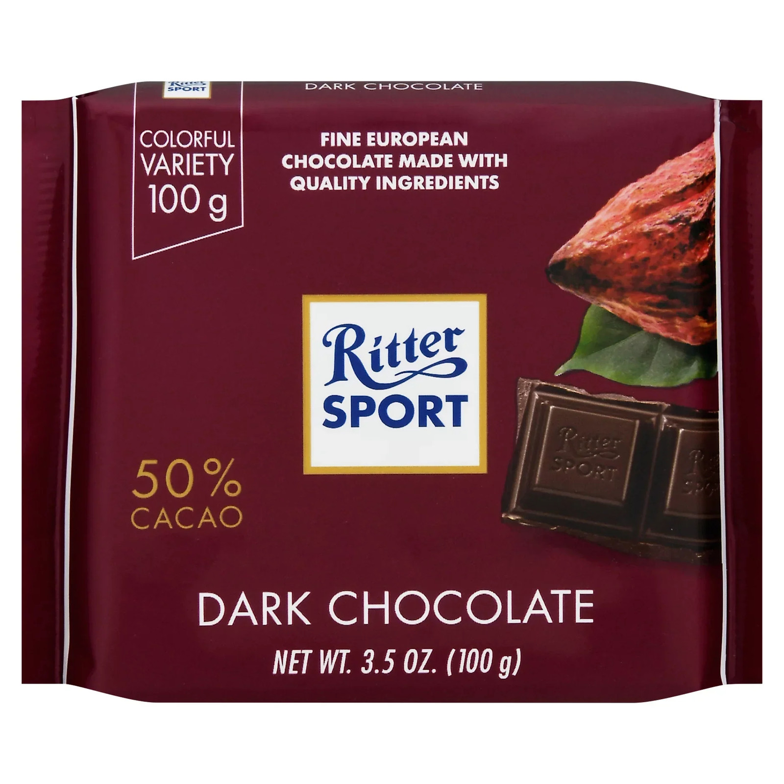Ritter Sport Dark Chocolate 50% Cocoa 3.5 Oz / 100 gr (Pack of 12)