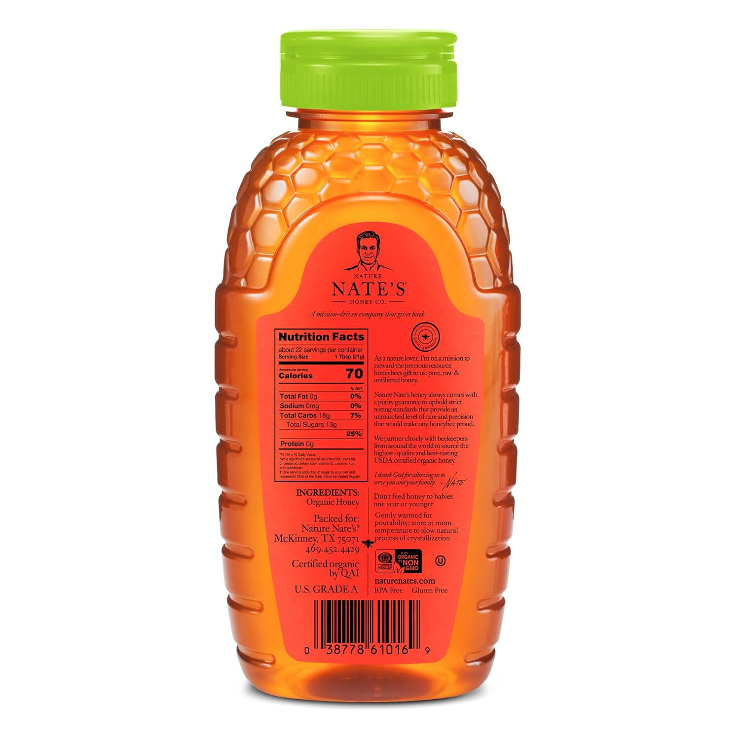 Nature Nate’s Honey 100% Pure Organic, Raw & Unfiltered – 16 oz. Squeeze Bottle