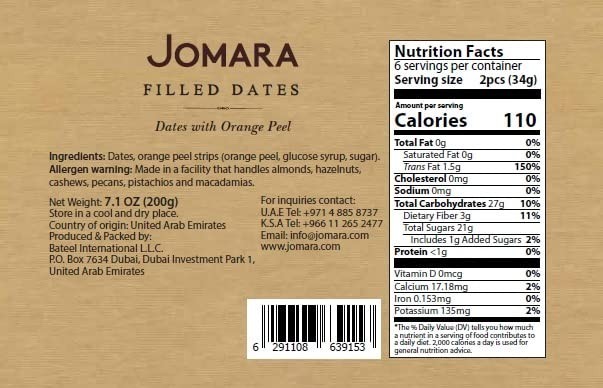 Jomara Dates Filled with Orange Peel Gourmet Dried Dates Snack EXP 09/2026