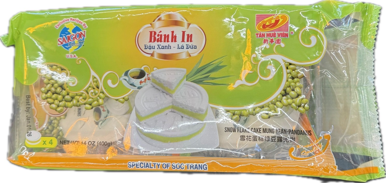Tan Hue Vien Snow Flake Cake Banh In 14oz – Pandan or Durian Mung Bean Cake