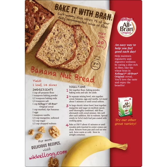 Kellogg’s All-Bran Original Breakfast Cereal, High Fiber, Family Size, 18.6 oz