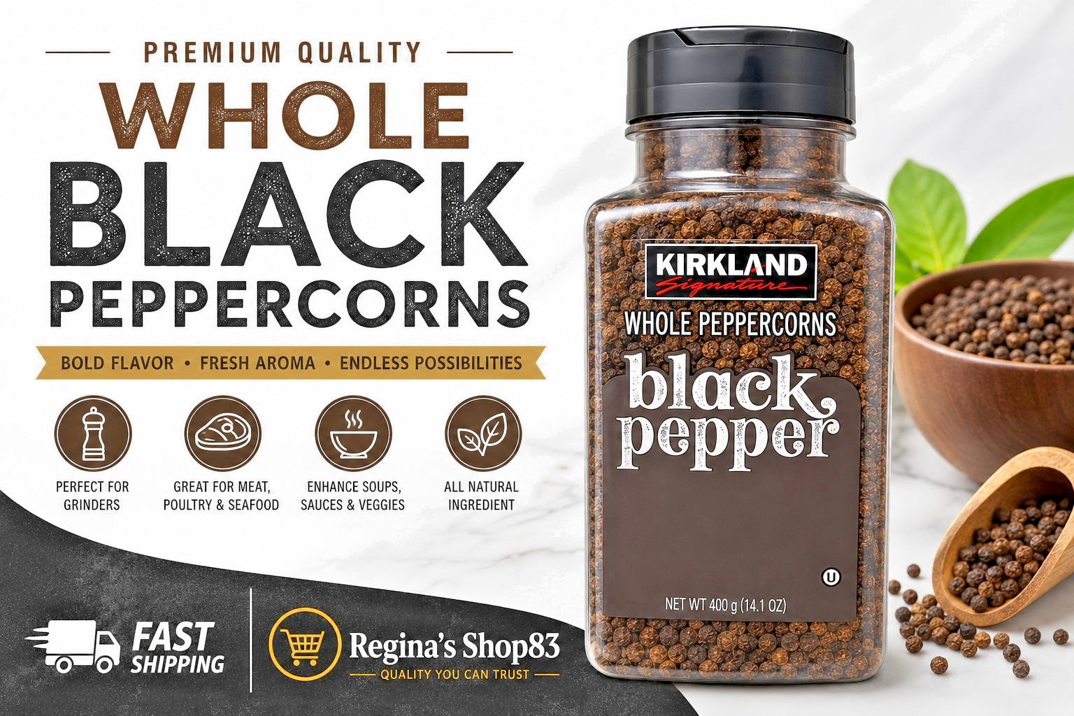 Whole Black Peppercorns 14.1 oz (400g) Premium Whole Peppercorns for Grinder…