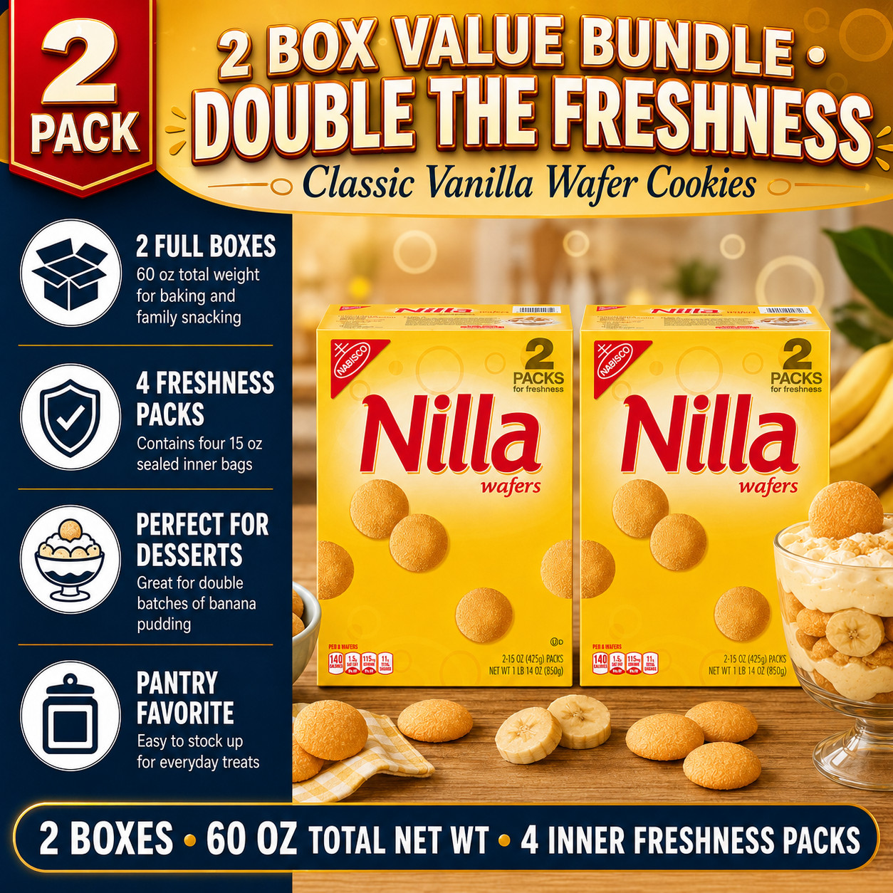 2 Boxes Nilla Wafers Cookies, 15 oz, 2 Count in Each