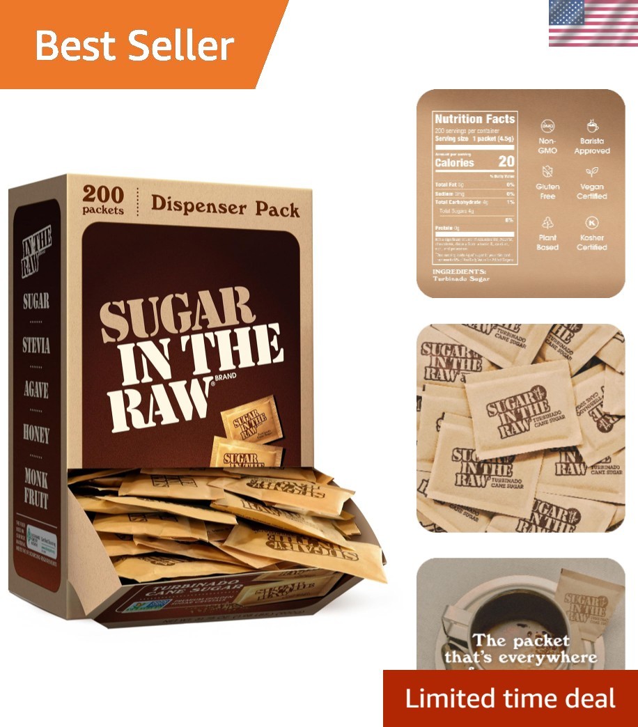 Gluten-Free Turbinado Cane Sugar Packets, 200 Count – Perfect for Coffee & Tea