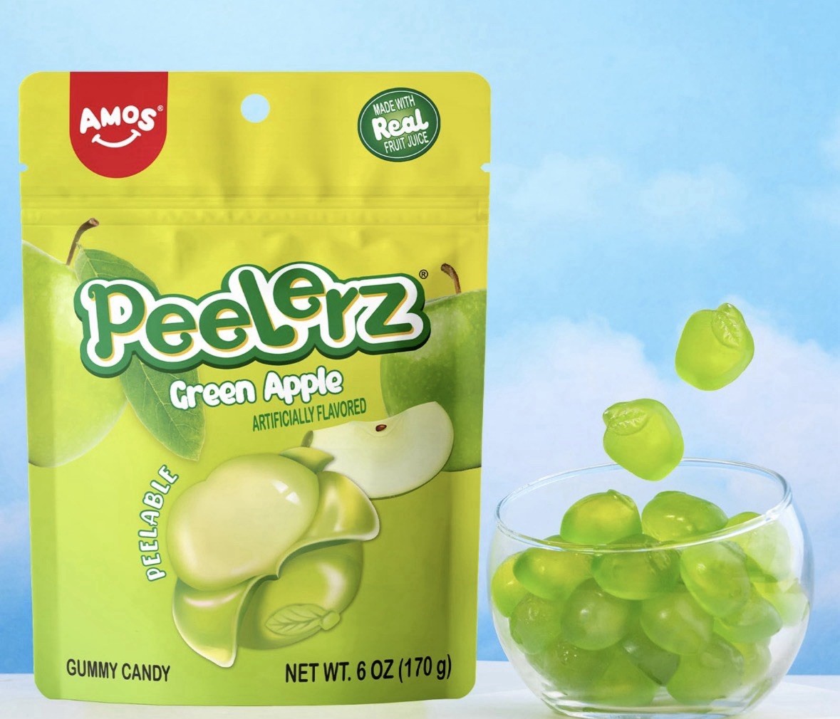 AMOS Peelerz Green Apple Gummy Candy Made with Real Fruit Juice 170g