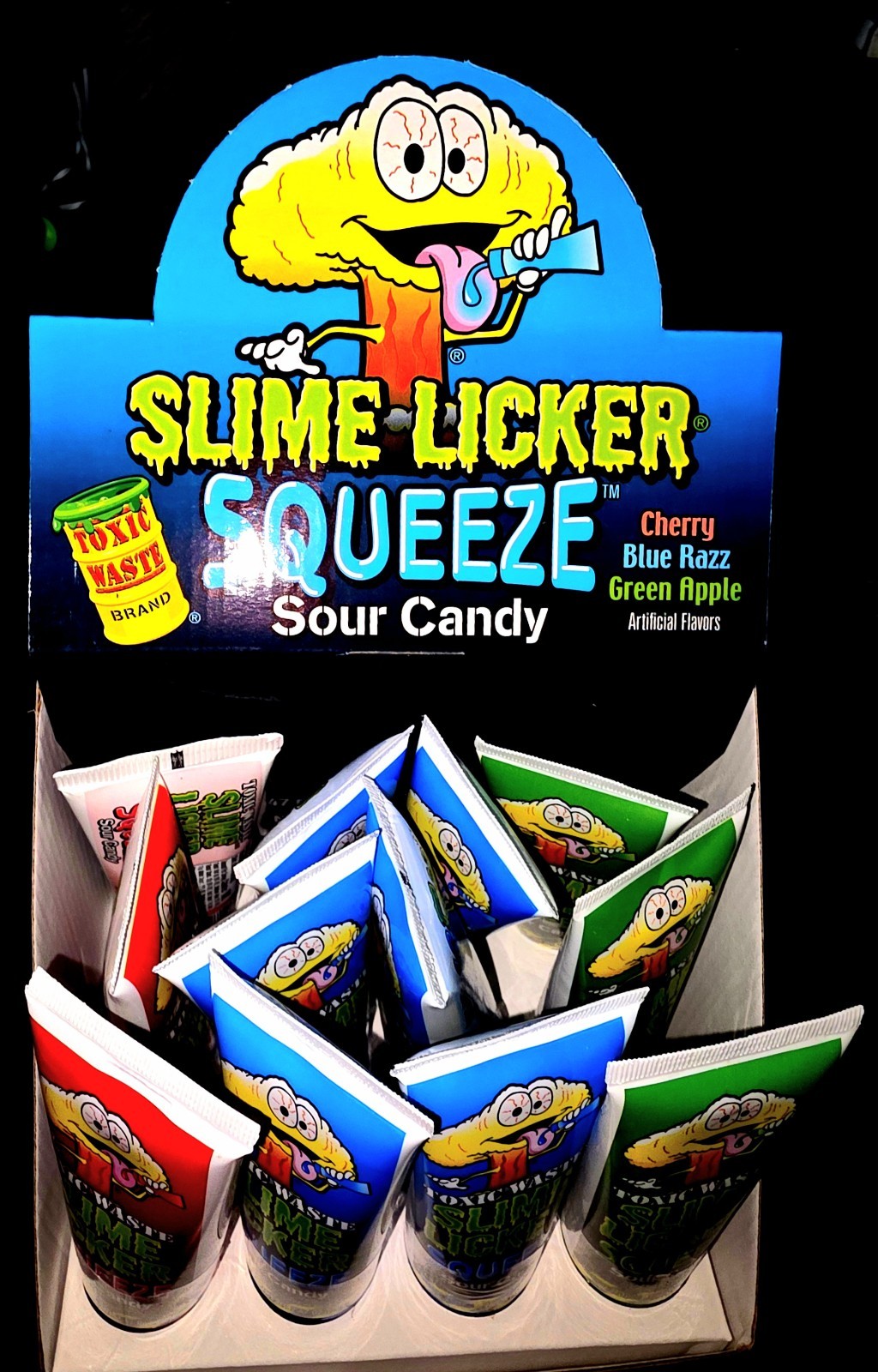 12 Toxic Waste Slime Licker 2.47 Oz Squeeze Tubes of Sour Candy In Display Box!
