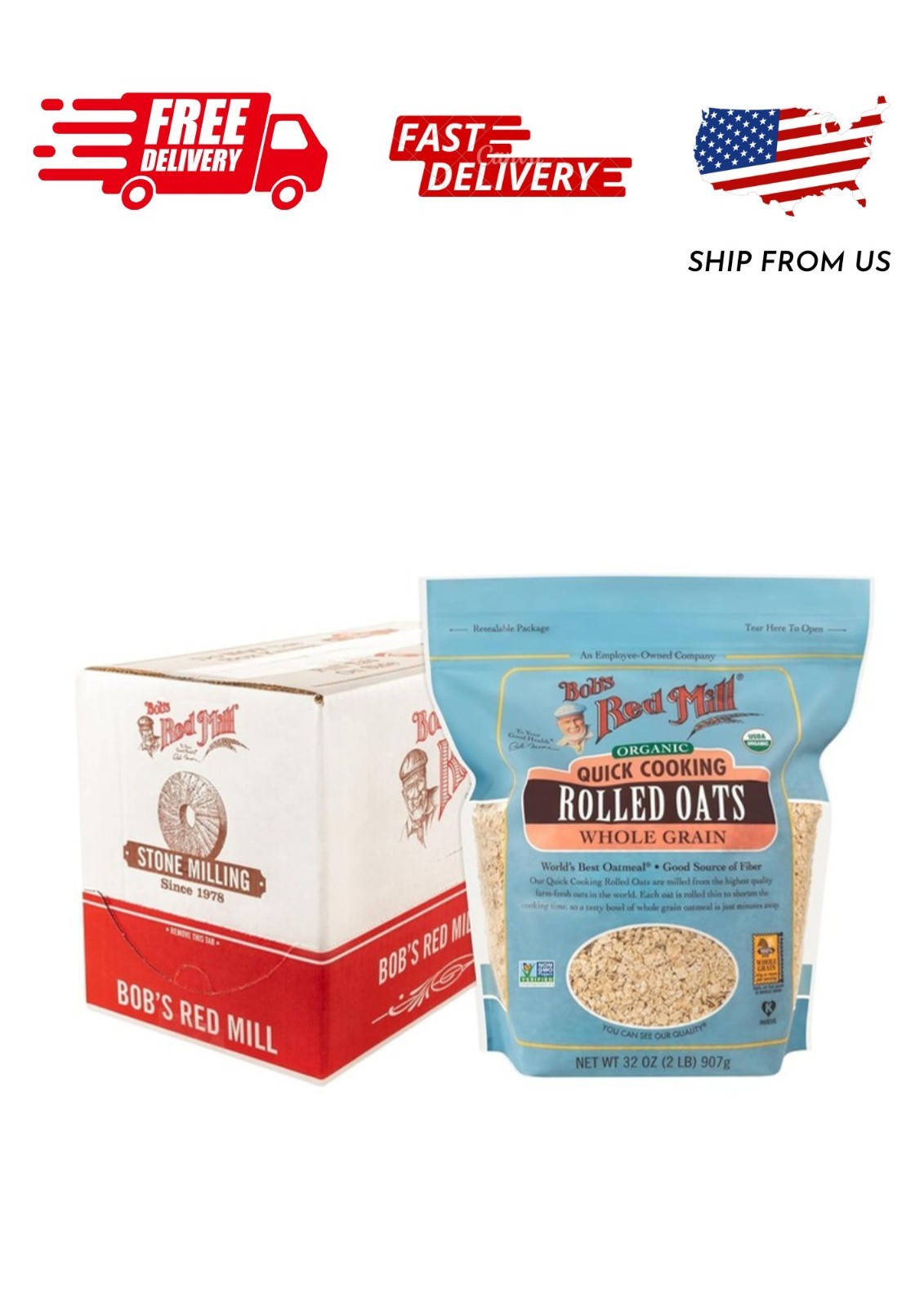 (4 pack) Bob’s Red Mill Organic Quick Cooking Rolled Oats, 32 oz Shelf-Stable Ba