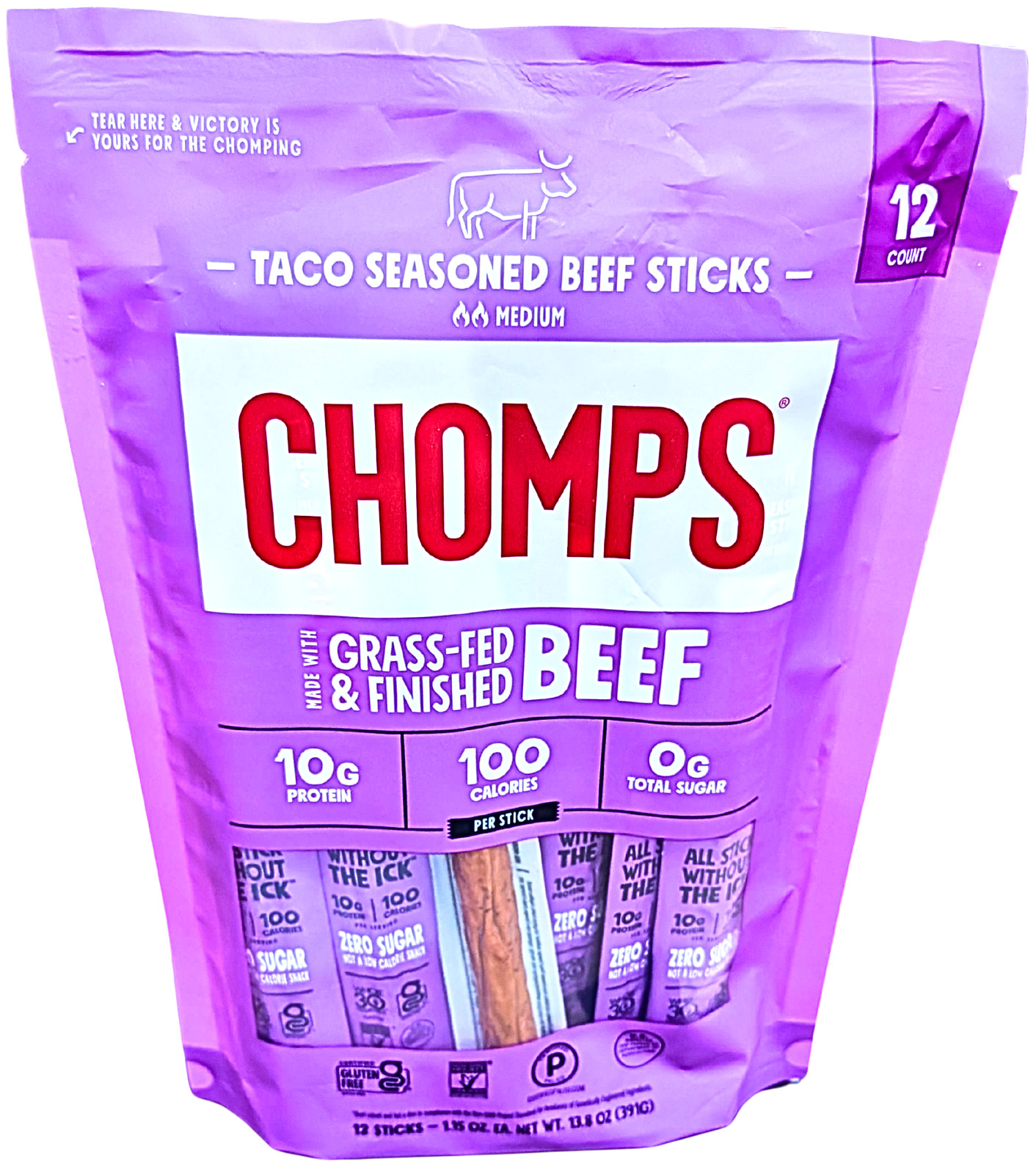 Chomps Taco Seasoned Grass-Fed Beef Sticks 12 Pack x 1.15 Oz EXP 02/2027