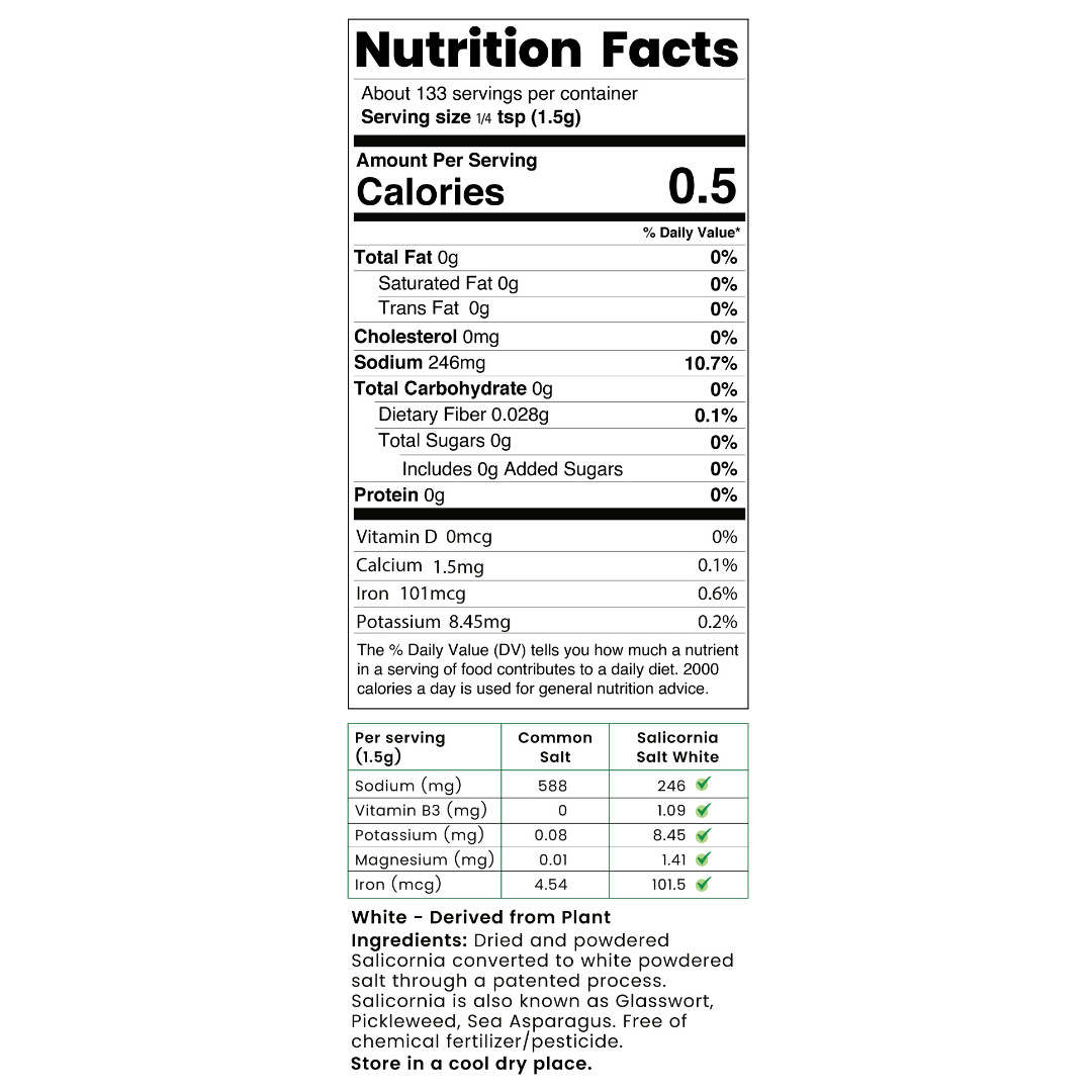 Salicornia White Salt – Low Sodium, Plant Based Mineral Salt, No Additives, 7oz