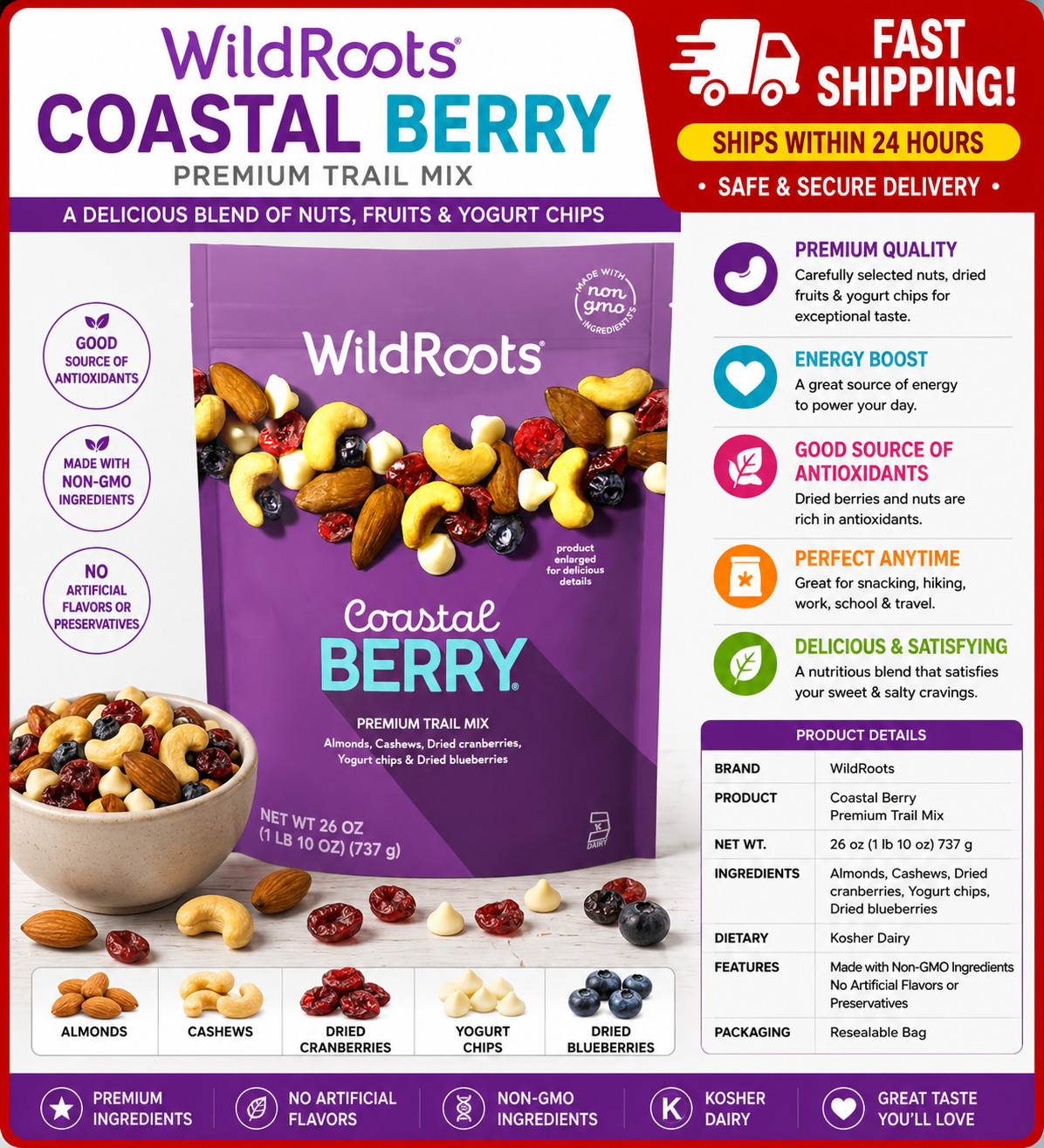 WildRoots Coastal Berry Trail Mix 26 oz Each ~ NON GMO