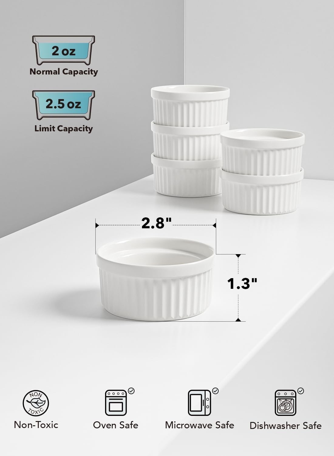 Stylish White Souffle Dishes, 2 Oz Ceramic Sauce Cups for Charcuterie Boards