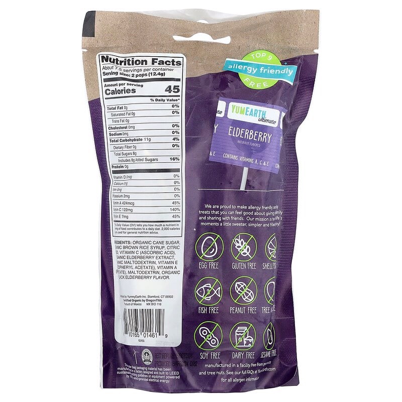 6 Packs YumEarth Ultimate Organic Elderberry Pops, 90 count, Allergy Friendly