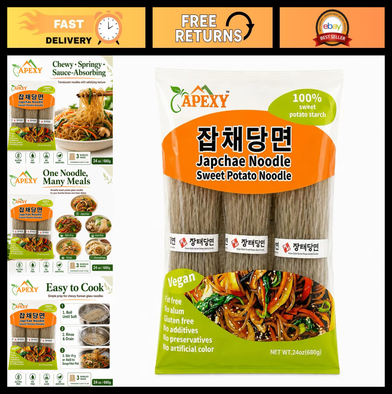 Sweet Potato Glass Noodles – Gluten-Free Japchae Vermicelli Pasta, 24oz, Fat-Fre