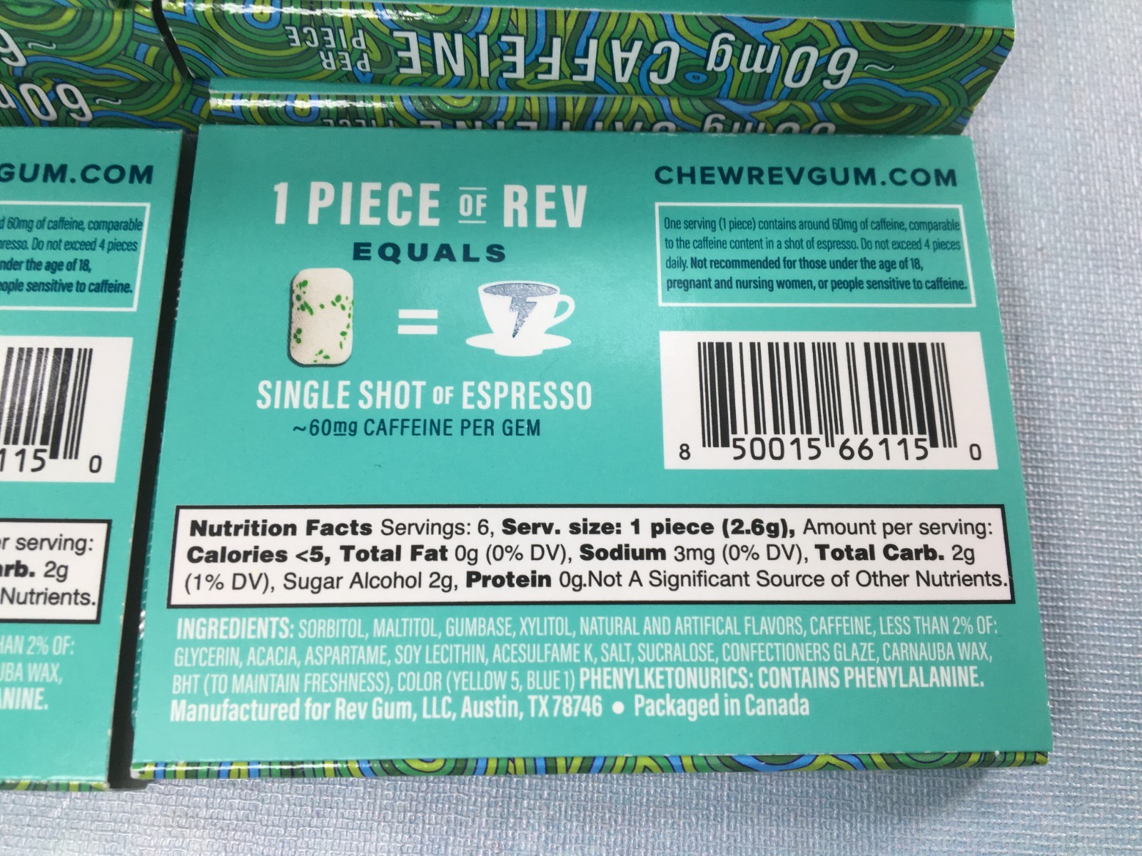 Rev Energy Gum Spearmint 12 Pack, 6 Ct. Each, BB 2/27, 60 mg Caffeine Sugar-Free