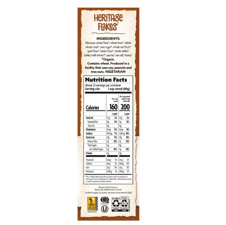 Nature’s Path Organic Breakfast Cereal, Heritage Flakes, 33.5oz Box.