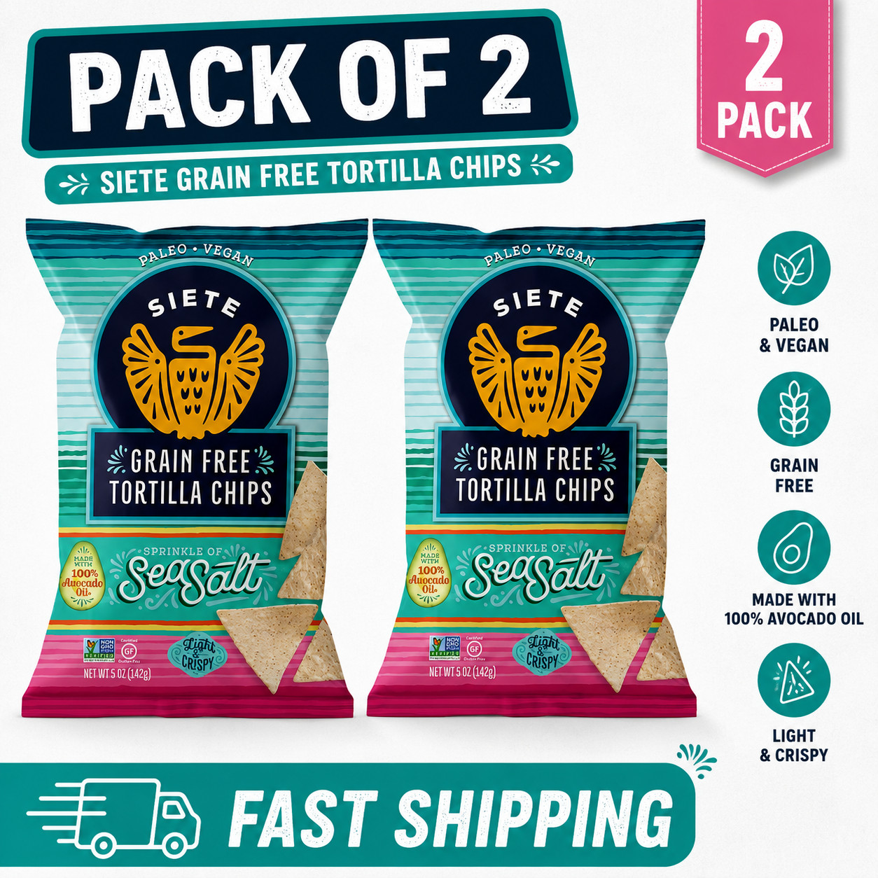 Siete Family Foods Grain Free Tortilla Chips Sea Salt 5 oz 2 Pack