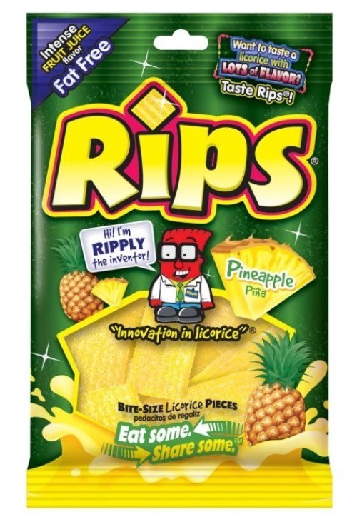 4oz/113g RIPS Bite-Size Pieces PINEAPPLE LICORICE Fat-Free Tropical Chewy Candy