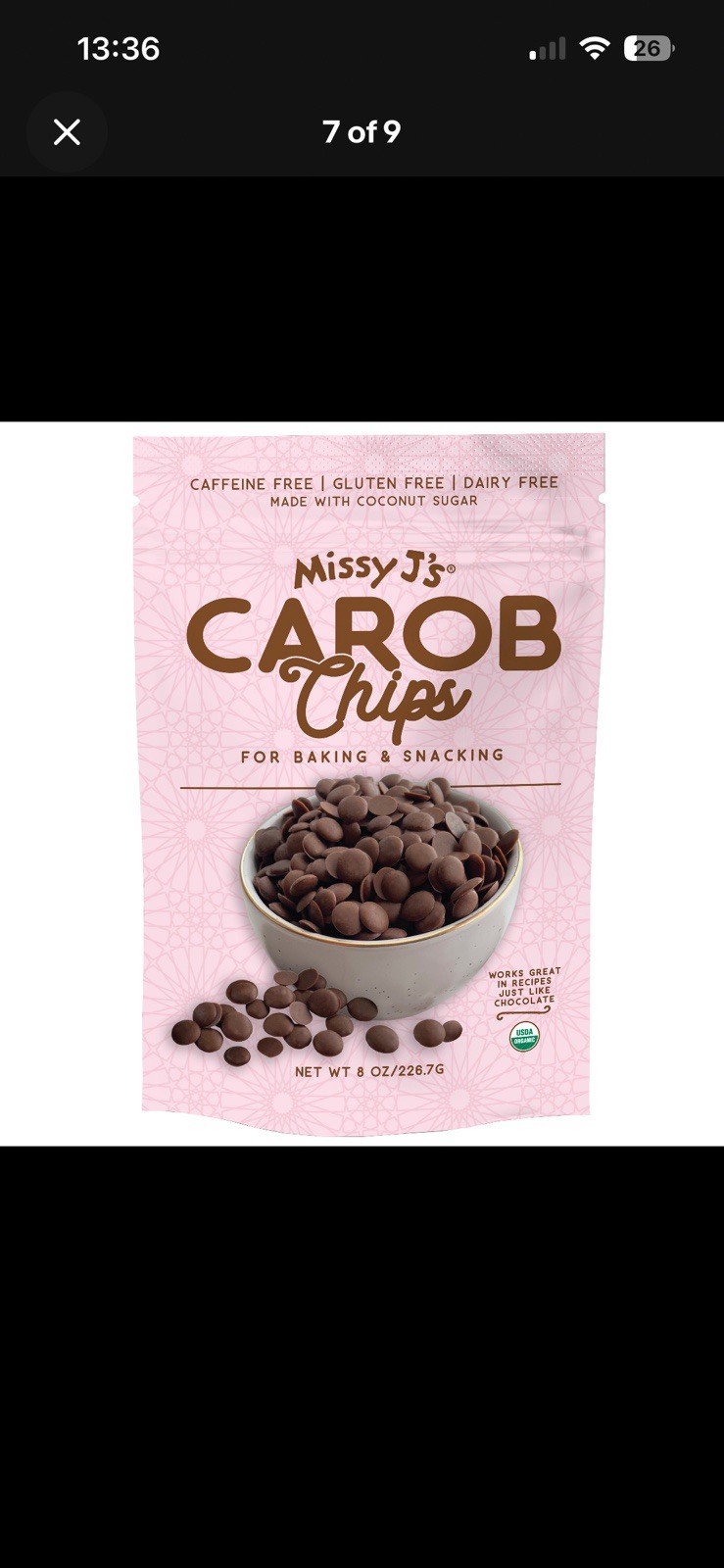 Missy J’s Carob Chips 8 oz Single Bag USDA Organic Non-GMO Caffeine Free