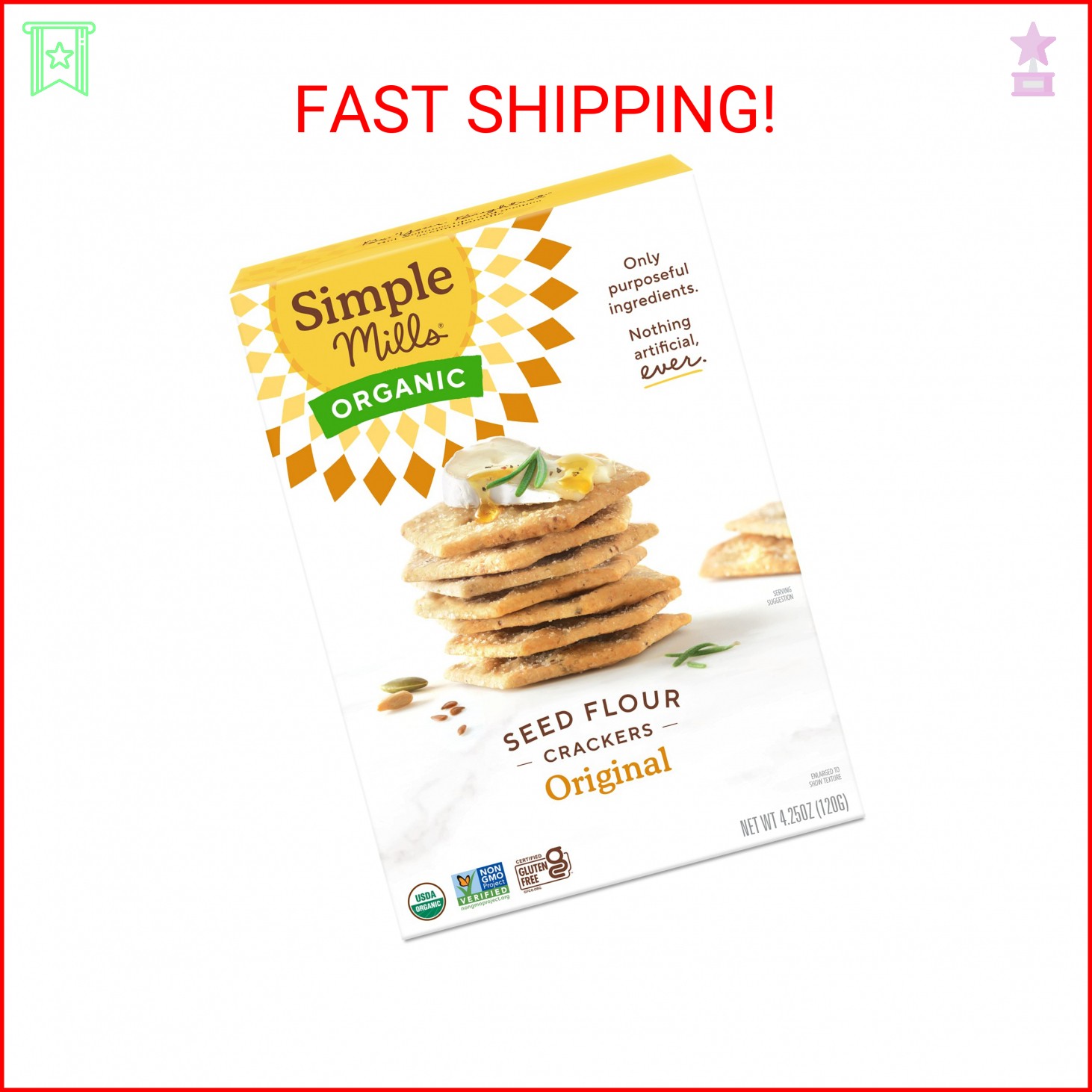Simple Mills Organic Seed Crackers, Original, Gluten Free, Flax Seed, Sunflower