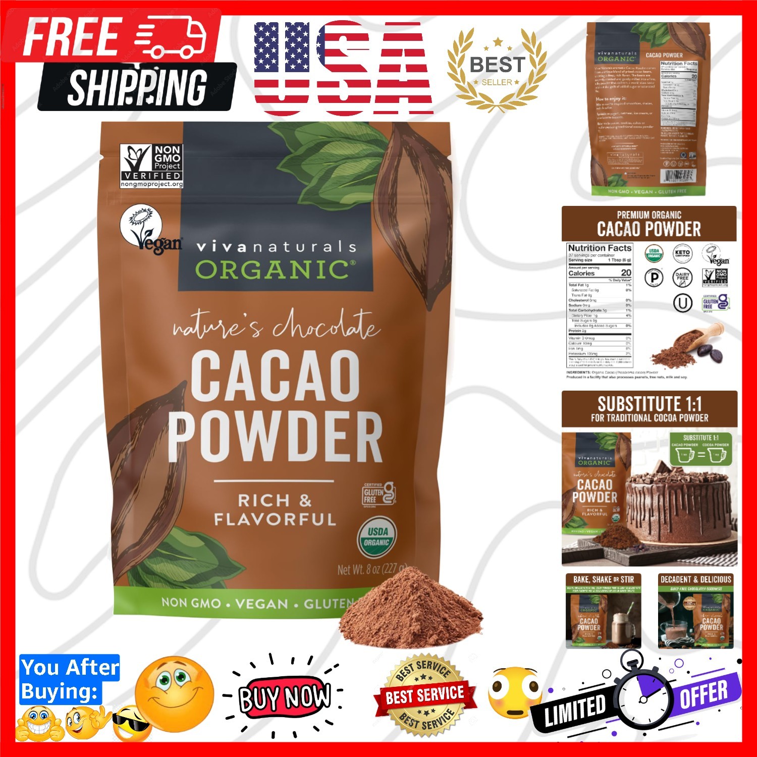 Organic Cacao Powder, Unsweetened, 8 oz 227 g – Rich Dark Chocolate Flavor, P…