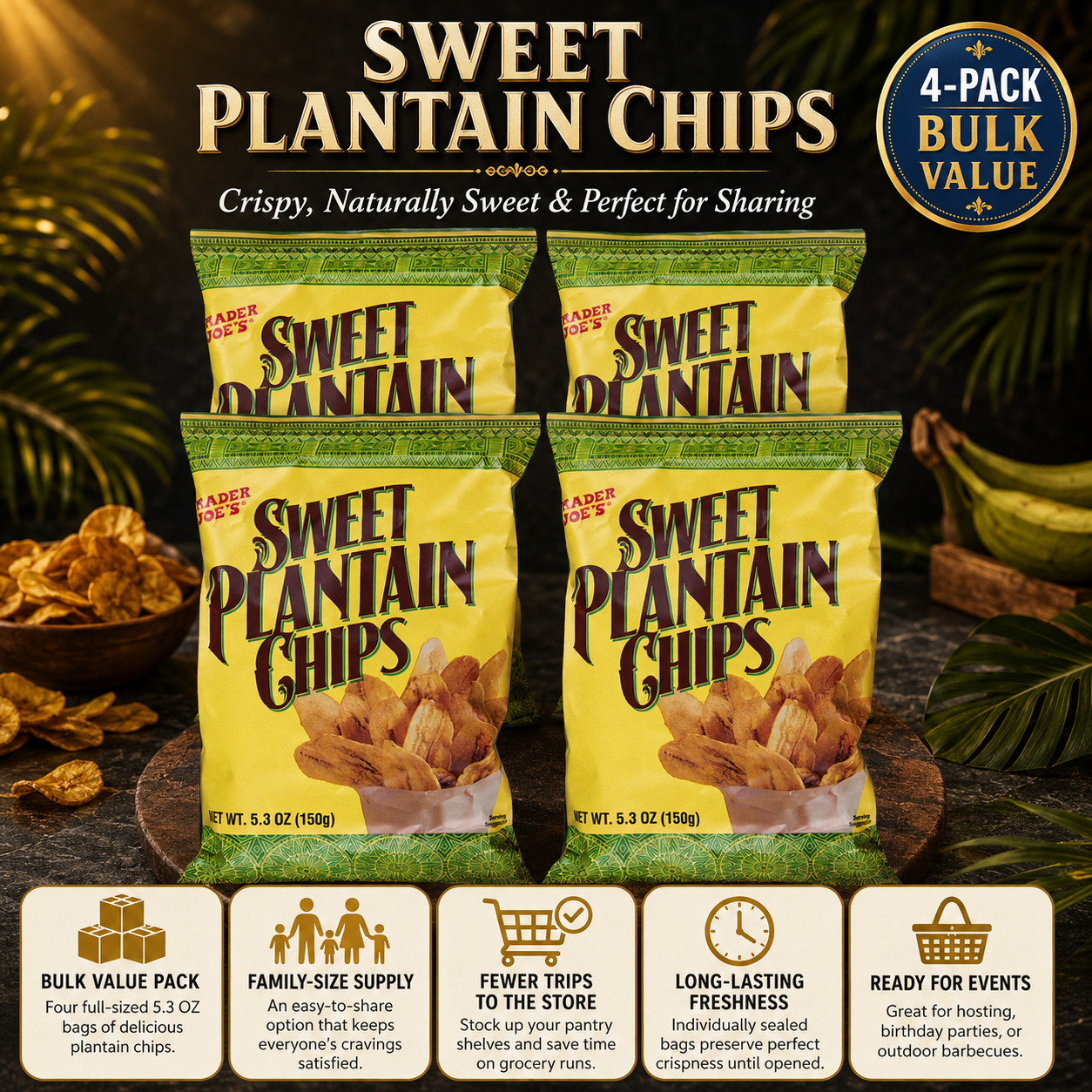 4 Pack Trader Joe’s Sweet Plantain Chips 5.3 oz