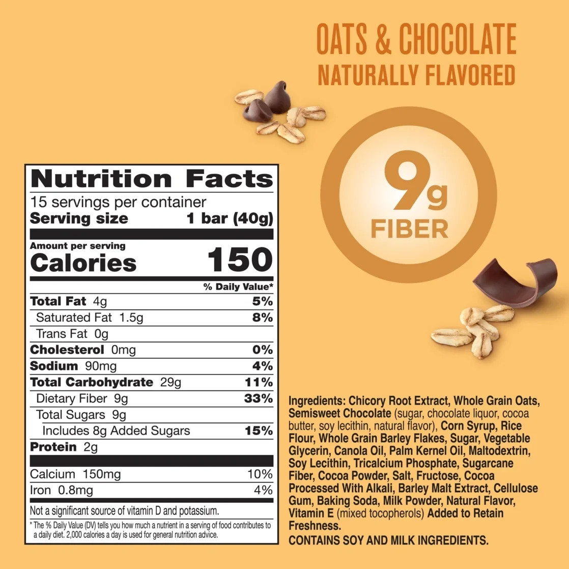 Fiber One Chewy Bars, Oats & Chocolate, Fiber Snacks, Mega Pack, 15 ct