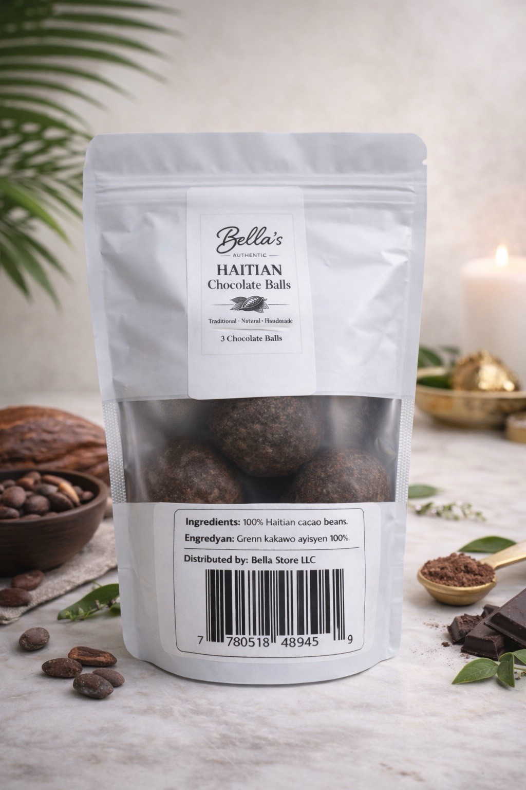 Haitian Chocolate 100% cacao – 3 Handmade Cocoa Balls/ Traditional.