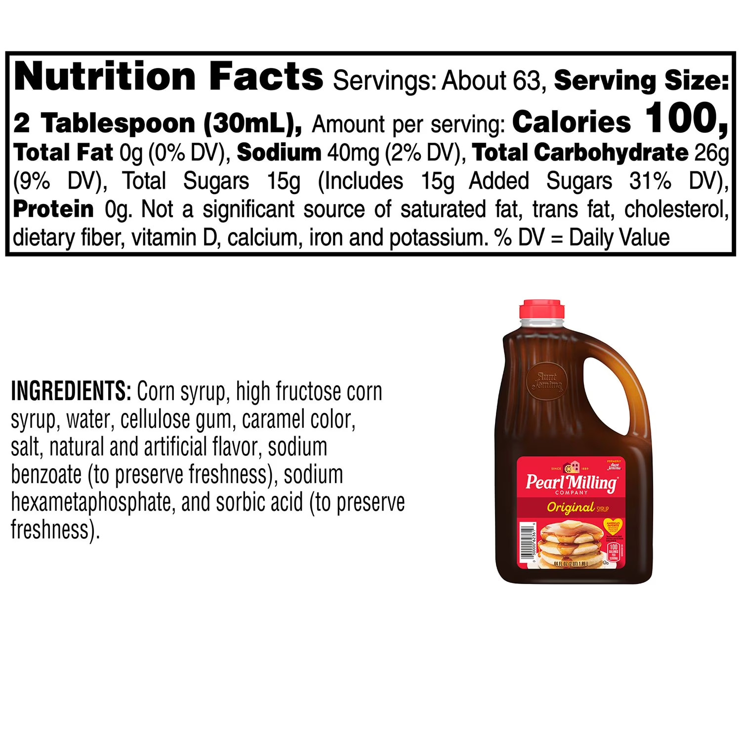 Pearl Milling Company Original Syrup 64 oz Breakfast Pancake Waffle Topping.