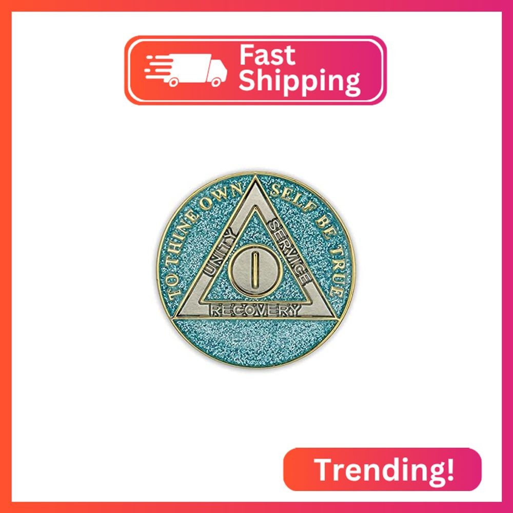 1 Year Sobriety Coin | Glitter Triplate AA Chip Recovery Anniversary Token (Blue