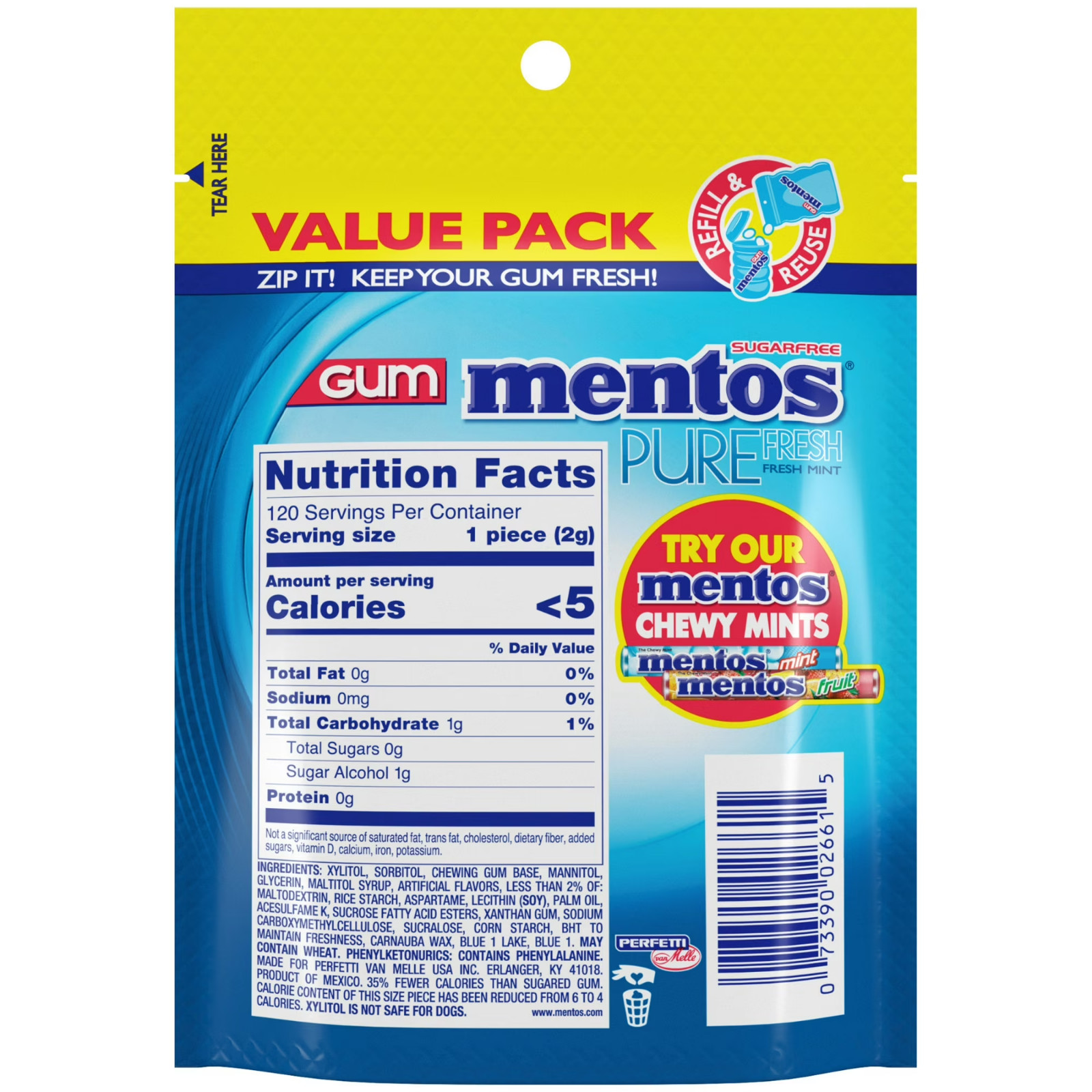 (PACK OF2) Mentos Pure Fresh Mint Sugar Free Gum Extra Value Pack 120 Count