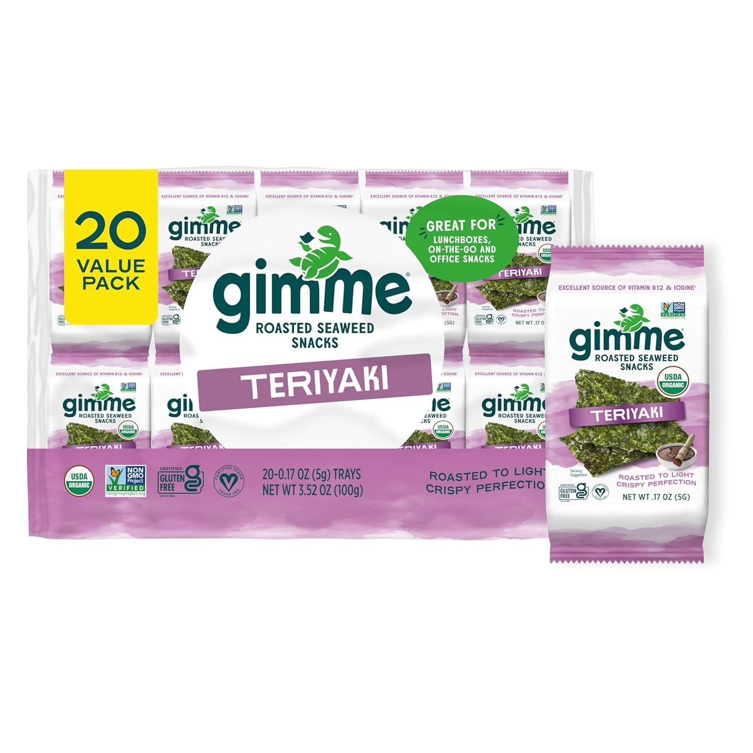 Organic Roasted Seaweed Snacks Teriyaki 20 Pack Keto Gluten-Free