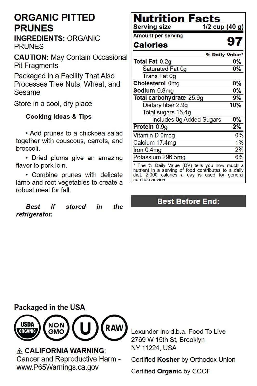 Organic Pitted Prunes – Non-GMO, Kosher, Raw, Vegan – by Food To Live