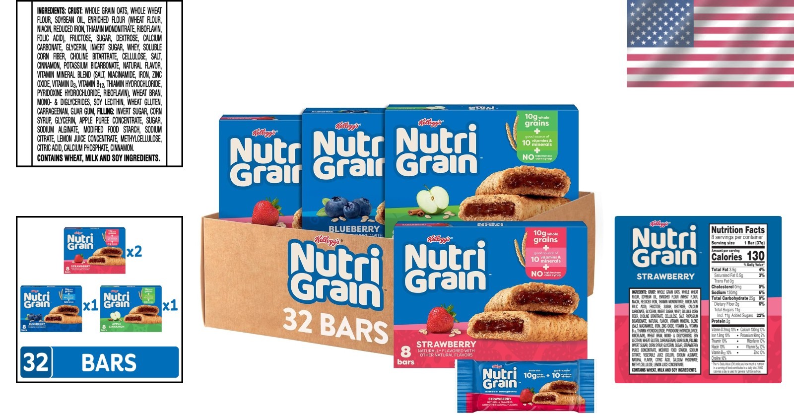 Whole Grain Breakfast Bars Variety Pack 32 Count Kids Snacks Chewy and Delicious