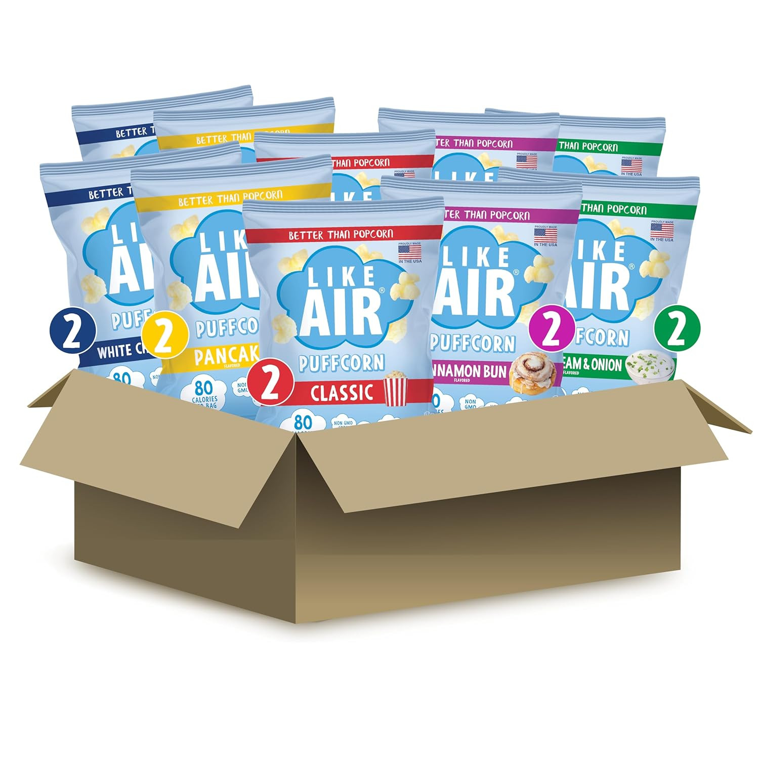 Like Air Puffcorn 5 Flavor Variety Pack (Pack of 10) – Snack Box, 50 Calories