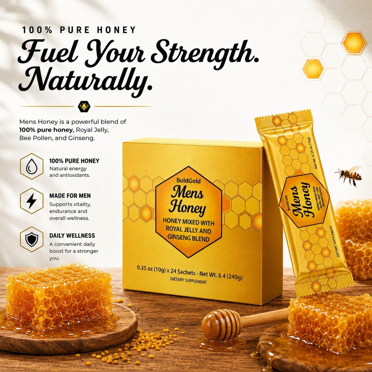 BOLDGOLD Organic Honey Pure Jelly 100% Natural,Bee Pollen and Panax 24-sachets.