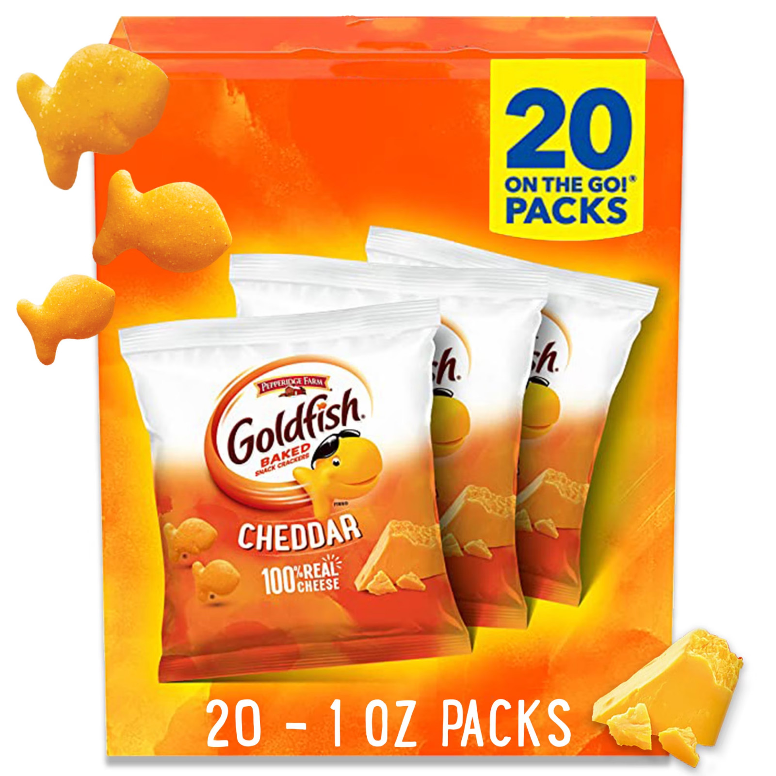 Goldfish Cheddar Cheese Crackers 20 Pack 1oz Baked Snack Packs On-The-Go..