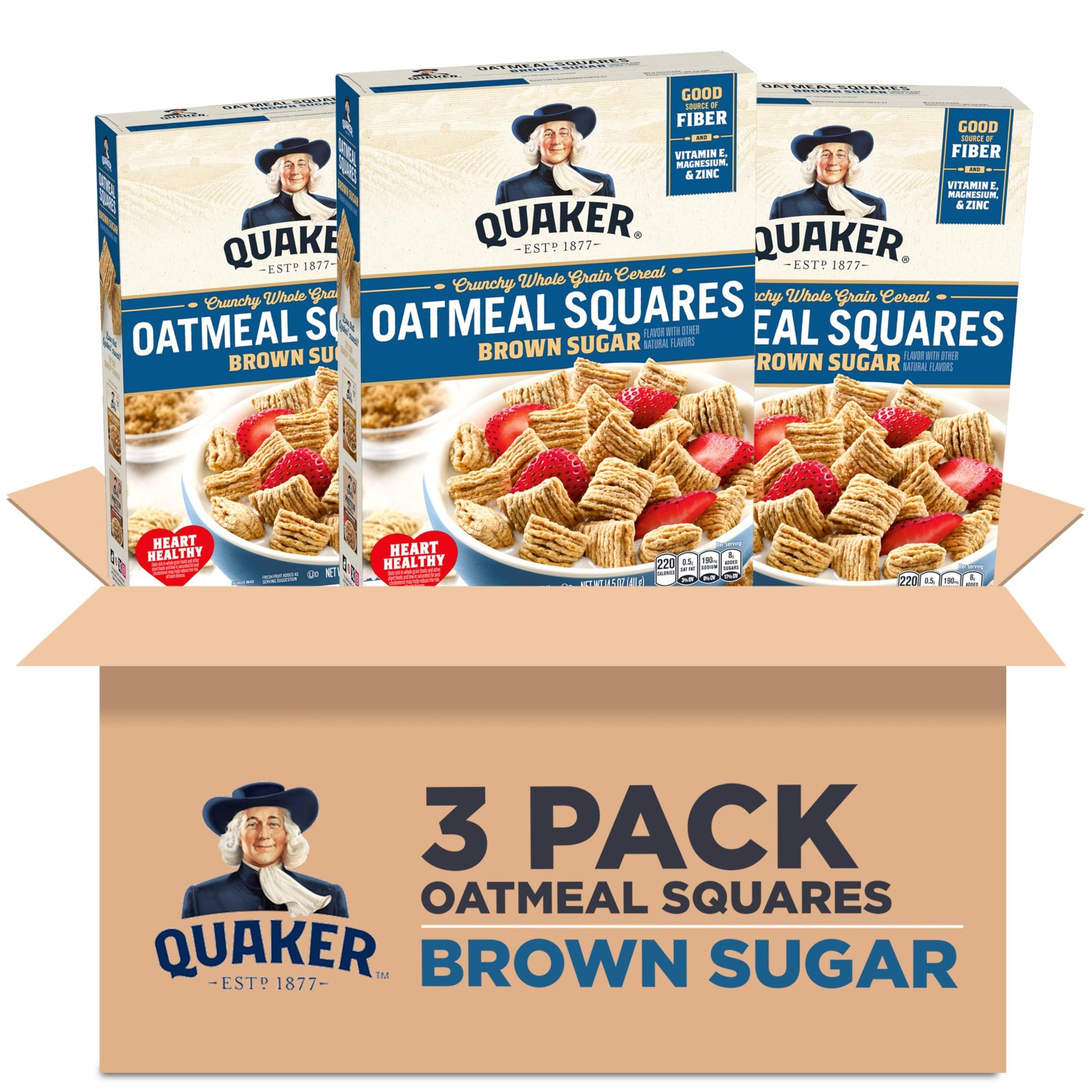 Quaker Oats Breakfast Cereal Brown Sugar Oatmeal Squares Pack of 3 14.5 Oz
