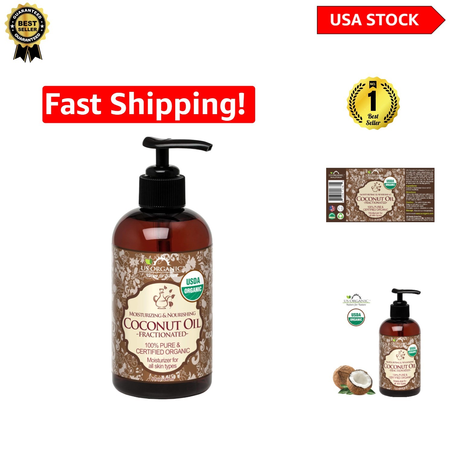Organic Fractionated Coconut MCT Oil – 100% Pure Liquid for Skin & Hair 8 oz