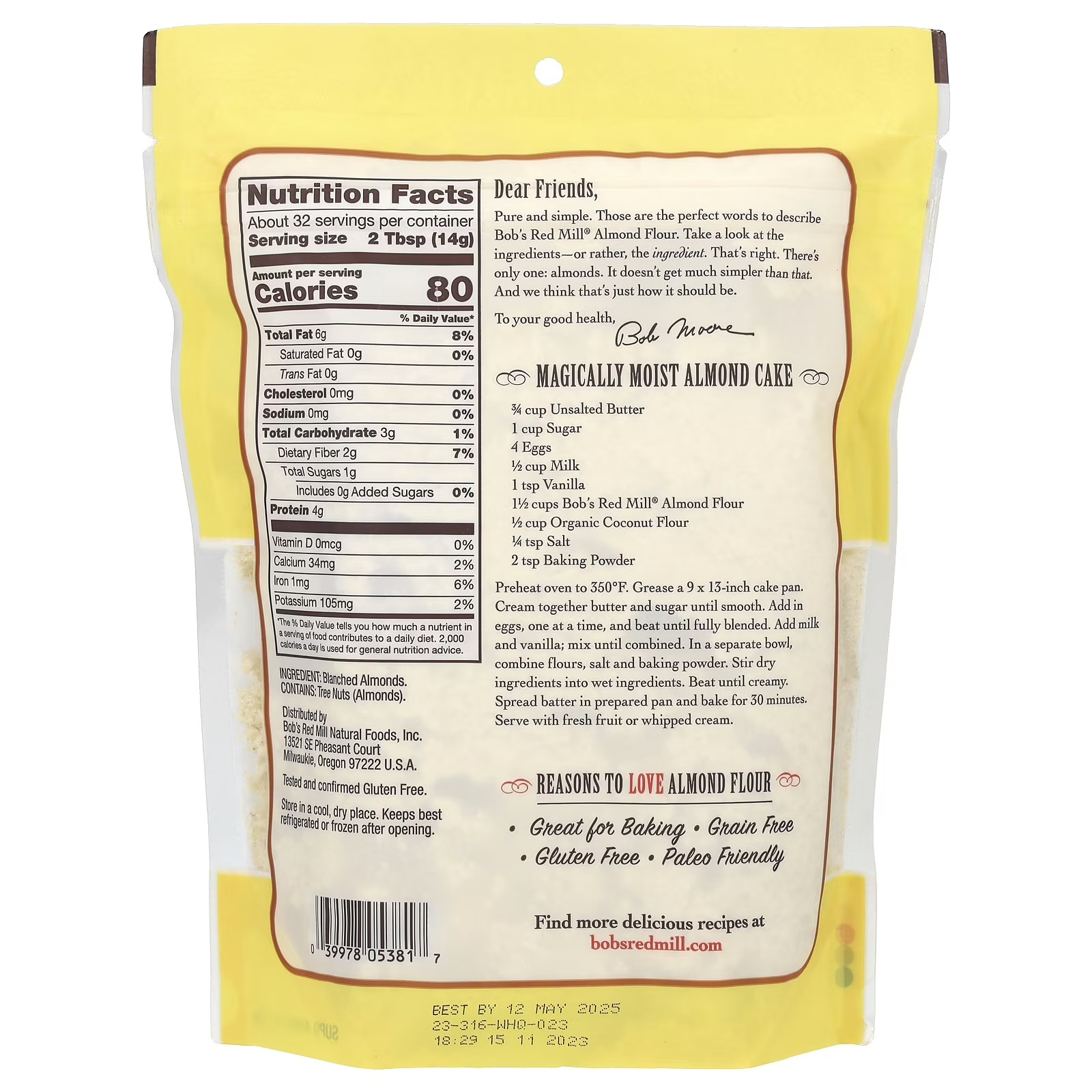 Bob’s Red Mill Super Fine Almond Flour 16 Oz Resealable Bag Baking Cooking Pantr