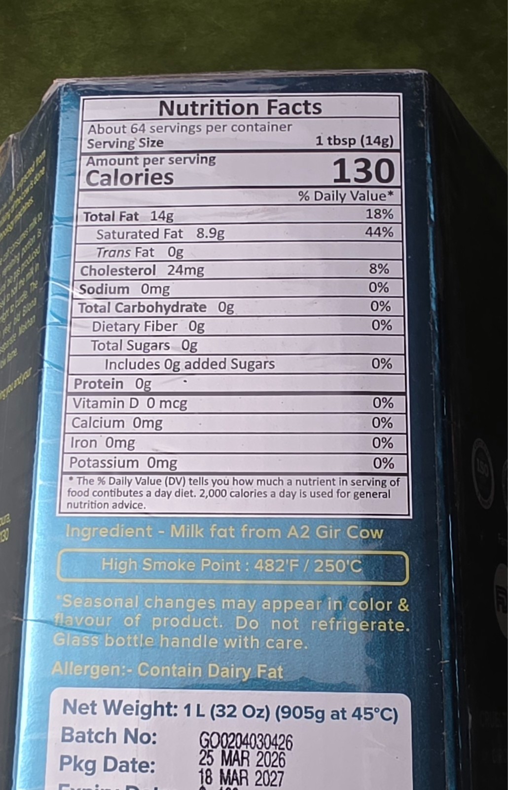 GirOrganic A2 Ghee Butter Grass Fed from Gir Cow – Keto Friendly – 1L/32oz
