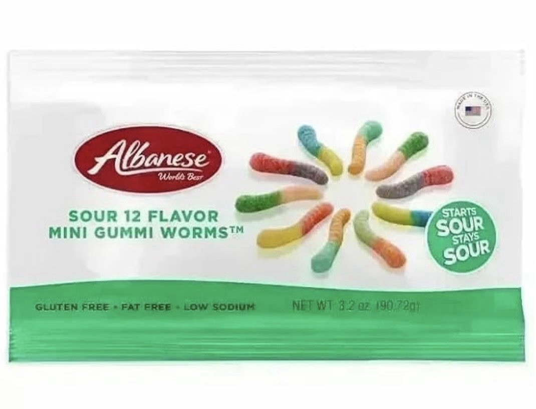 Albanese World’s Best Sour 12 Flavor Mini Gummi Worms | 3.2 oz Bag | King Size