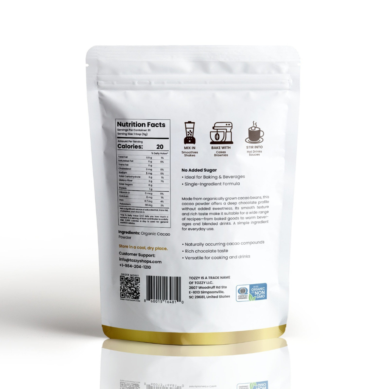 Organic Cacao Powder Unsweetened, Pure Cacao, Single Ingredient, No Sugar Added