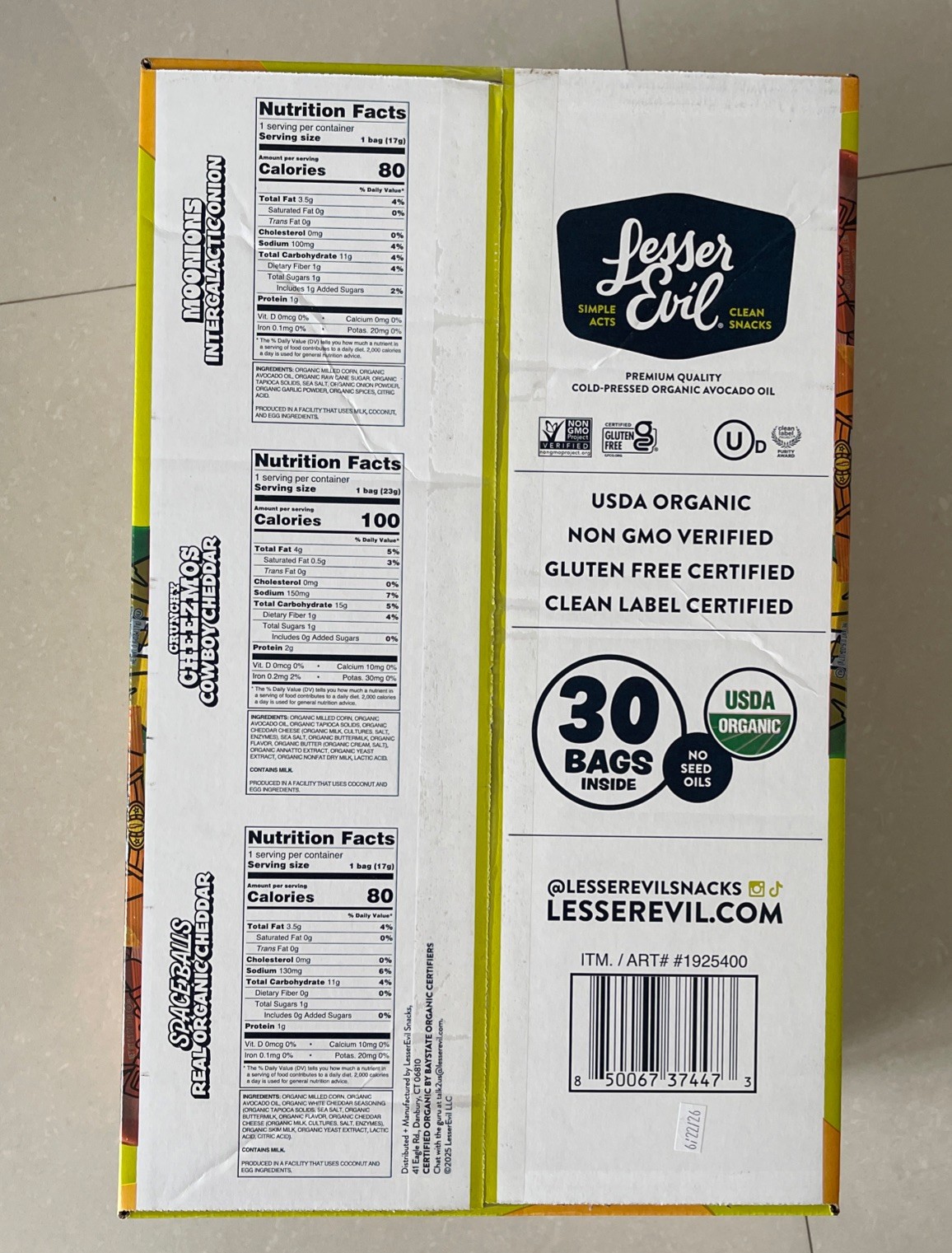 Lesser Evil Avocado Oil Organic Snack 1 Box Of Single 30 Pack
