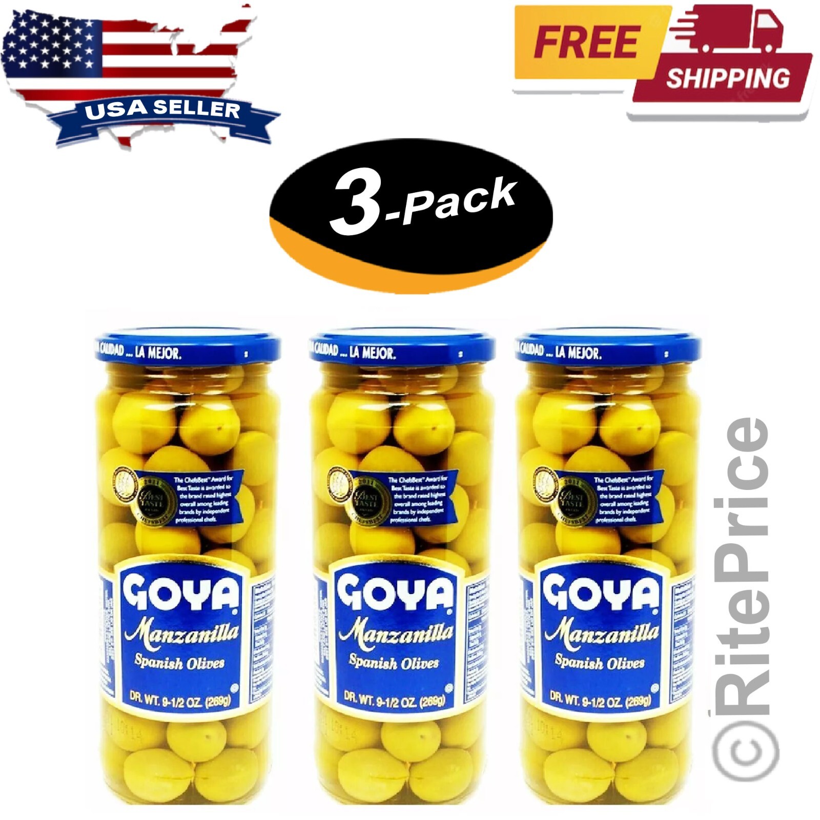 3 Pcs Goya Manzanilla Spanish Olives 9.5 Oz. (269 gm) – New – Free Shipping