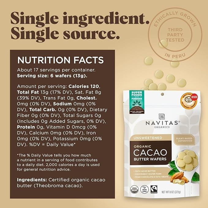 Navitas Organics Cacao Butter Wafers, 8oz — Organic, Non-GMO, Fairtrade, Gluten-
