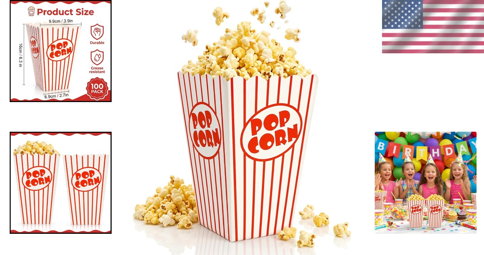 Portable Red and White Striped Popcorn Containers 100 Count for Celebrations